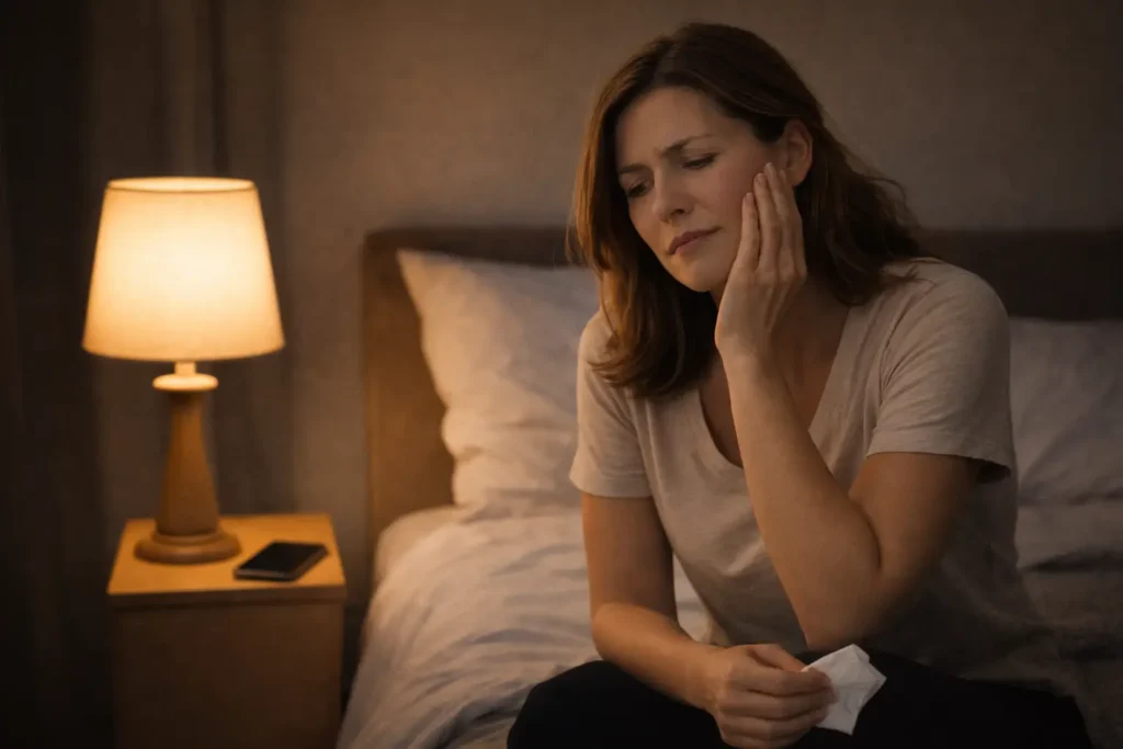 Woman sitting on the edge of the bed at night, softly holding her jaw with a worried-but-calm expression — a realistic moment of a late-night Dental Emergency.