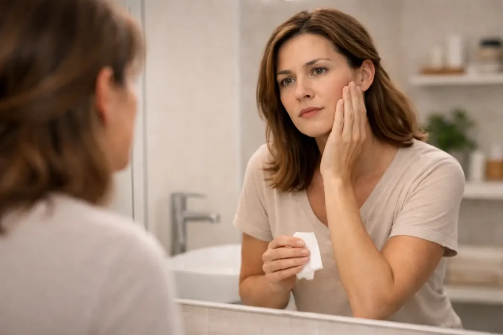 Woman checking her reflection in a bathroom mirror, gently touching her jaw while holding a small tissue — a calm “what now?” moment after a Fractured Tooth.