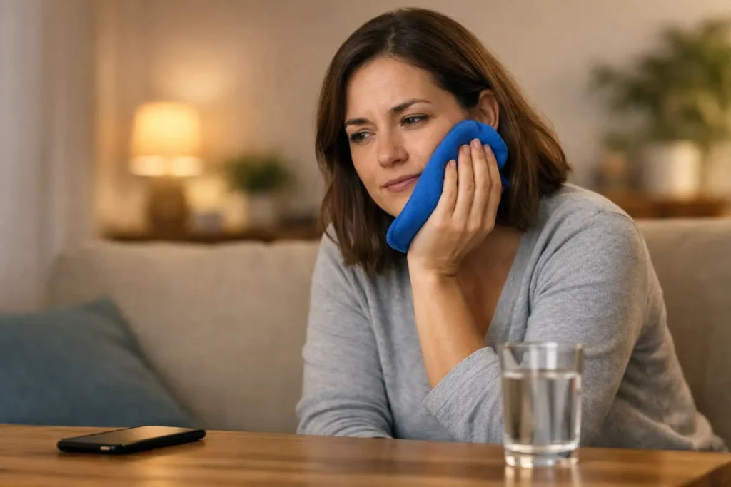Person sitting on a couch holding a cold compress to their cheek with a phone and water on the table, managing urgent tooth pain from a possible dental abscess.