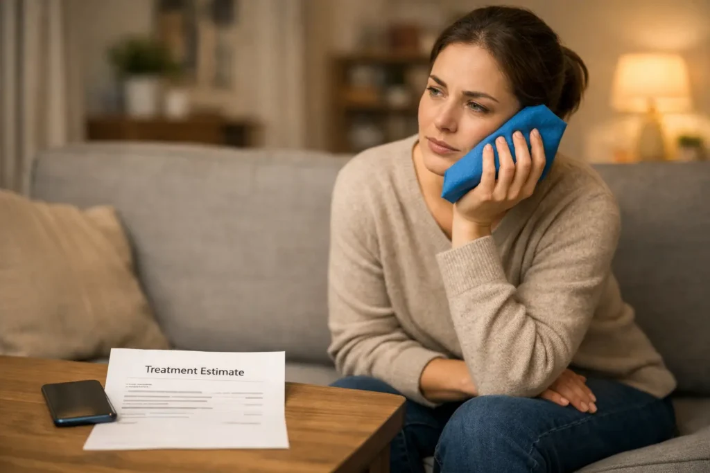 Person holding a cold compress on their cheek beside a treatment estimate and phone, showing how to pay for emergency dental care without insurance.